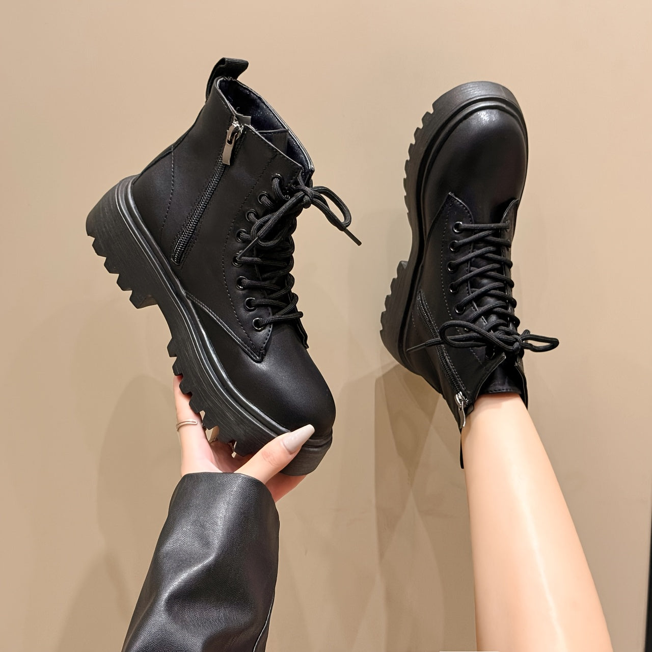 Women's Black Platform Ankle Boots with Zipper, Lace-Up, Chunky Sole