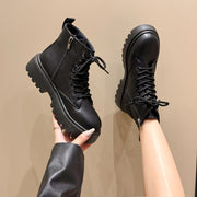 Women's Black Platform Ankle Boots with Zipper, Lace-Up, Chunky Sole