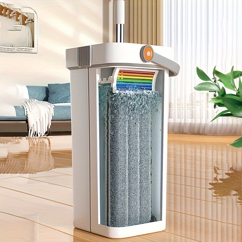 7-Color Flat Mop and Bucket Set with Reusable Pads and Hands-Free Washing