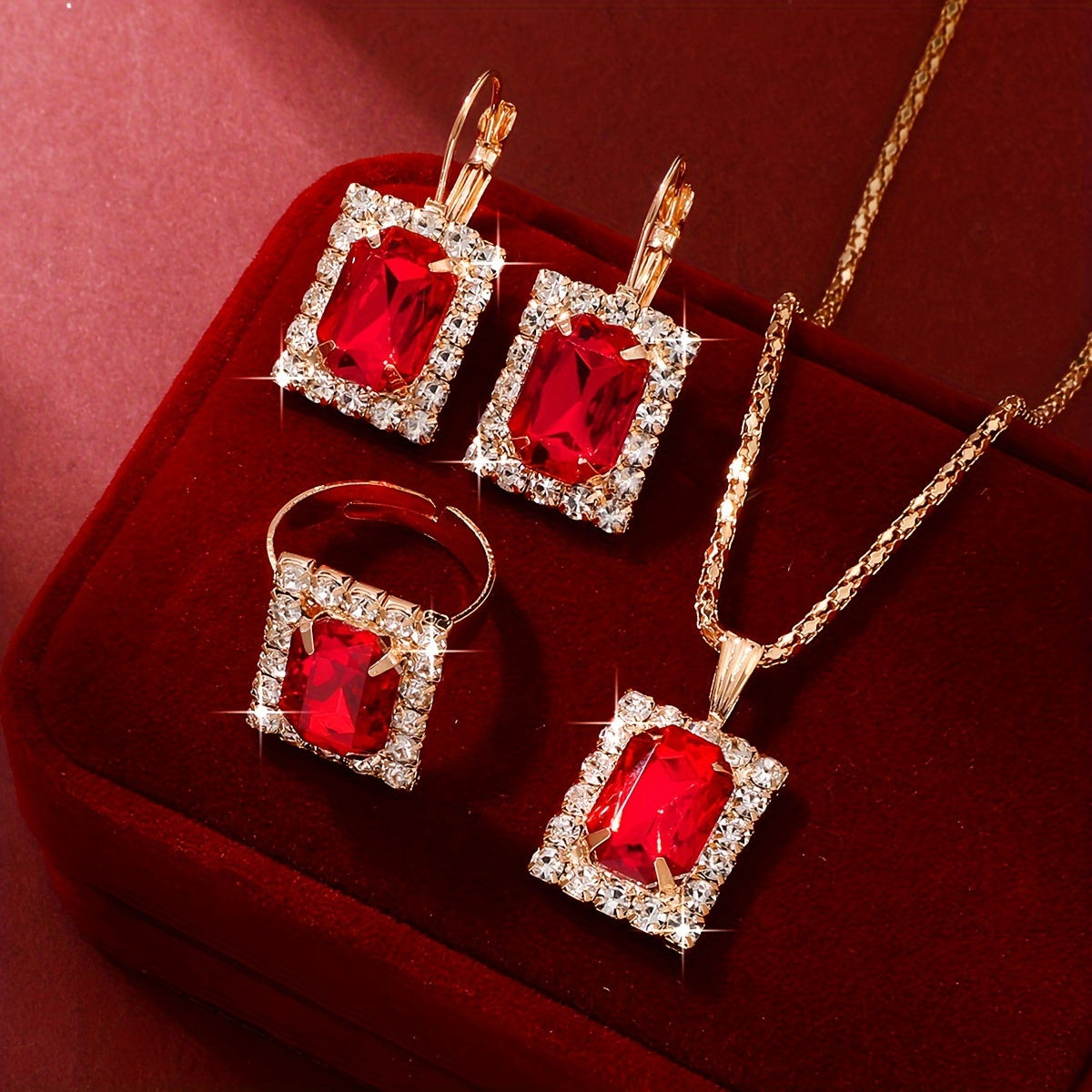 Women's Jewelry Set with Retro Square Glass Rhinestones 4-Piece Elegant Alloy for Daily and Party Occasions