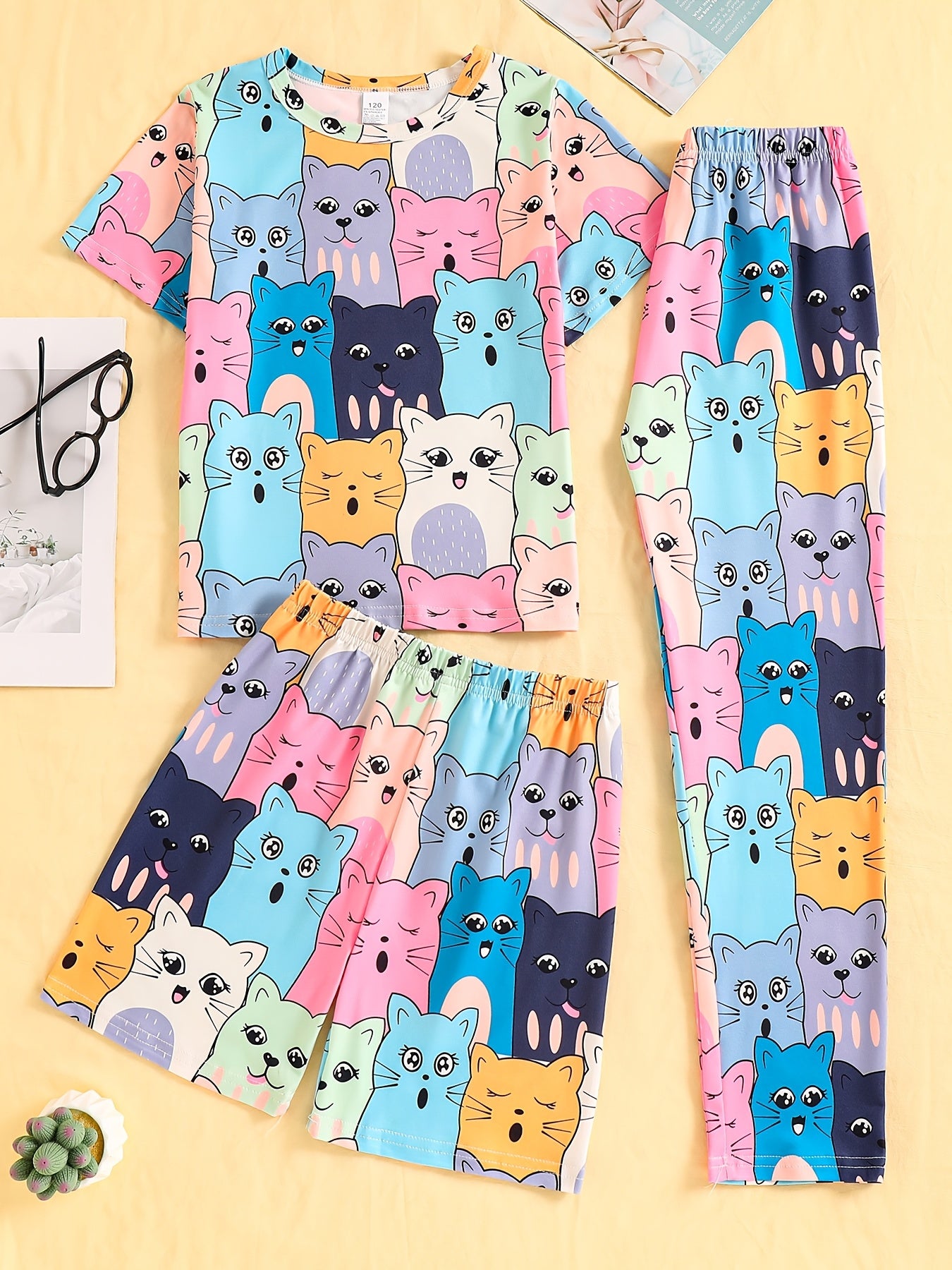 Girls Pajama Set with Cat Print 3-Piece Cotton-Polyester Loungewear for Kids