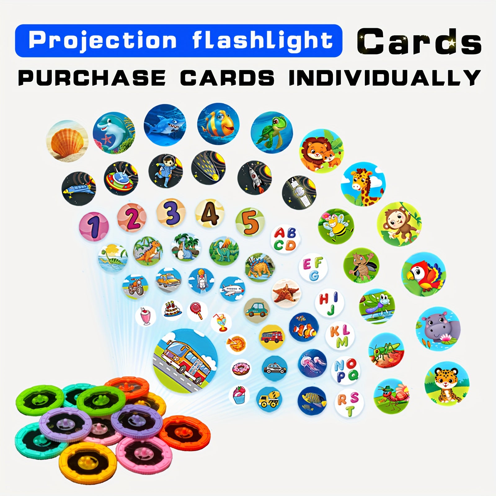 Projection Flashlight Cards for Kids 3+ with 144 Patterns in Animal Vehicles Dinosaurs Ocean Birds