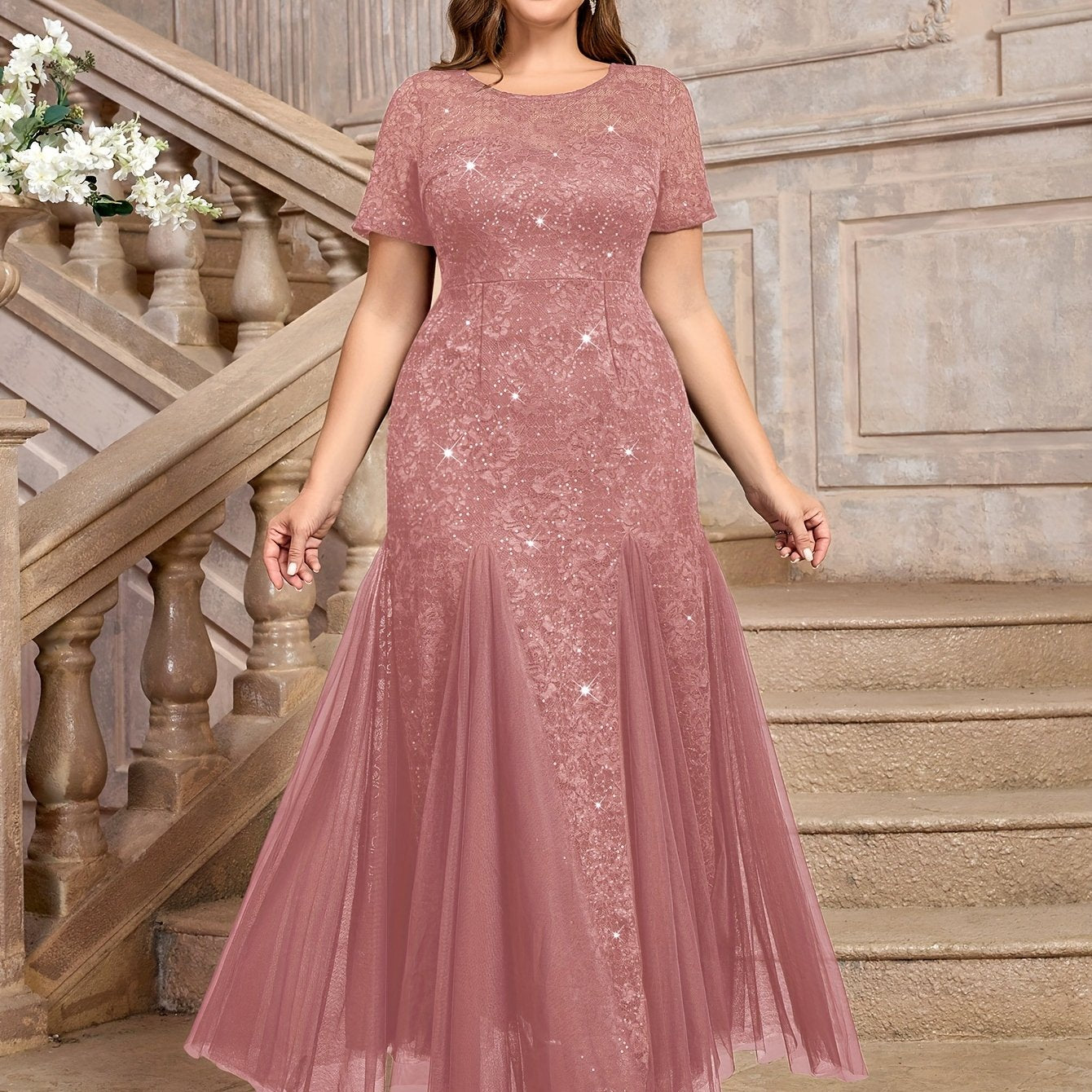 Plus Size Women's Navy Blue Sequin Lace Mermaid Maxi Dress for Formal Events