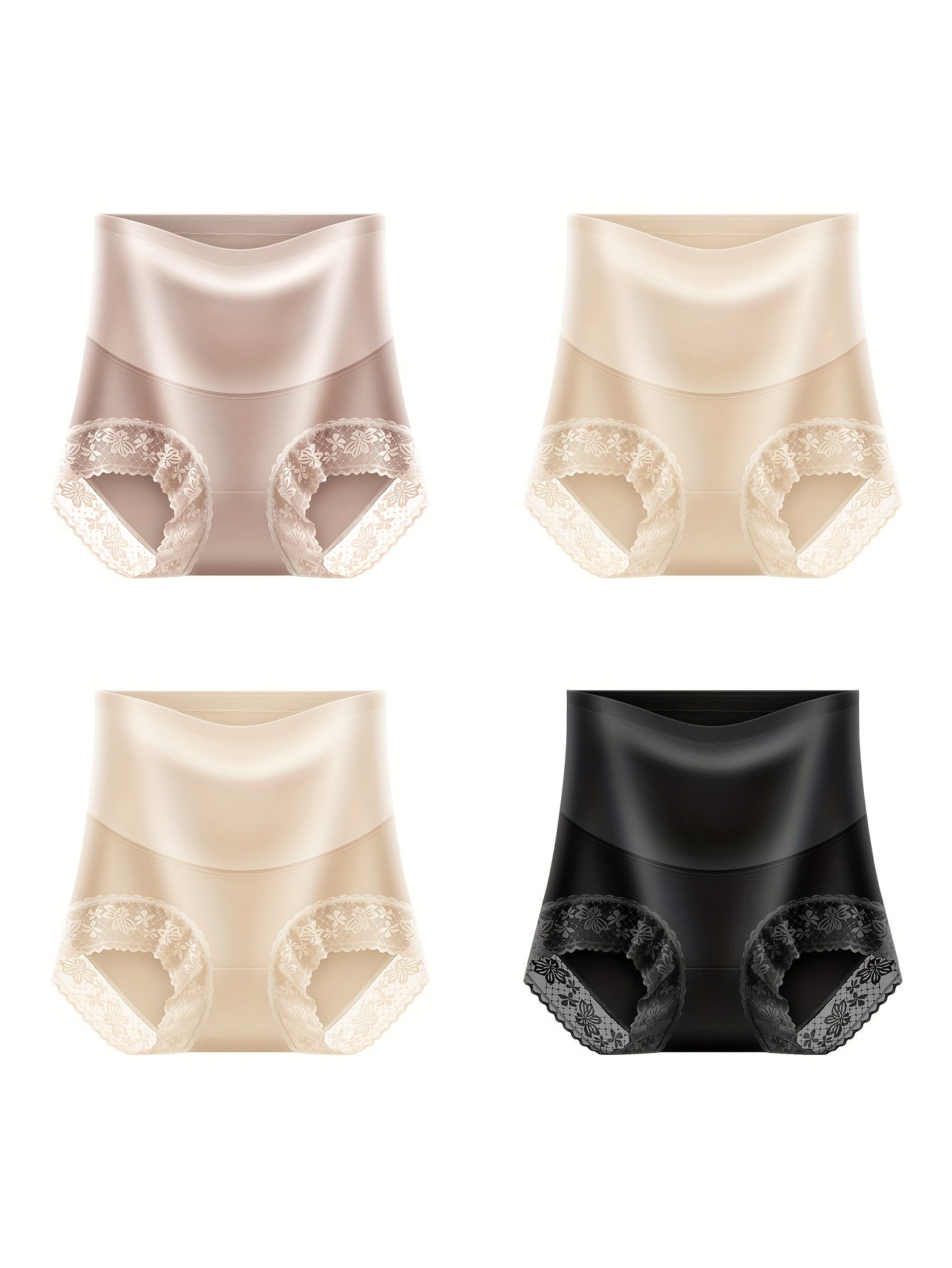 Women's High Waist Lace Trim Briefs 4 Pack Tummy Control Breathable Stretch