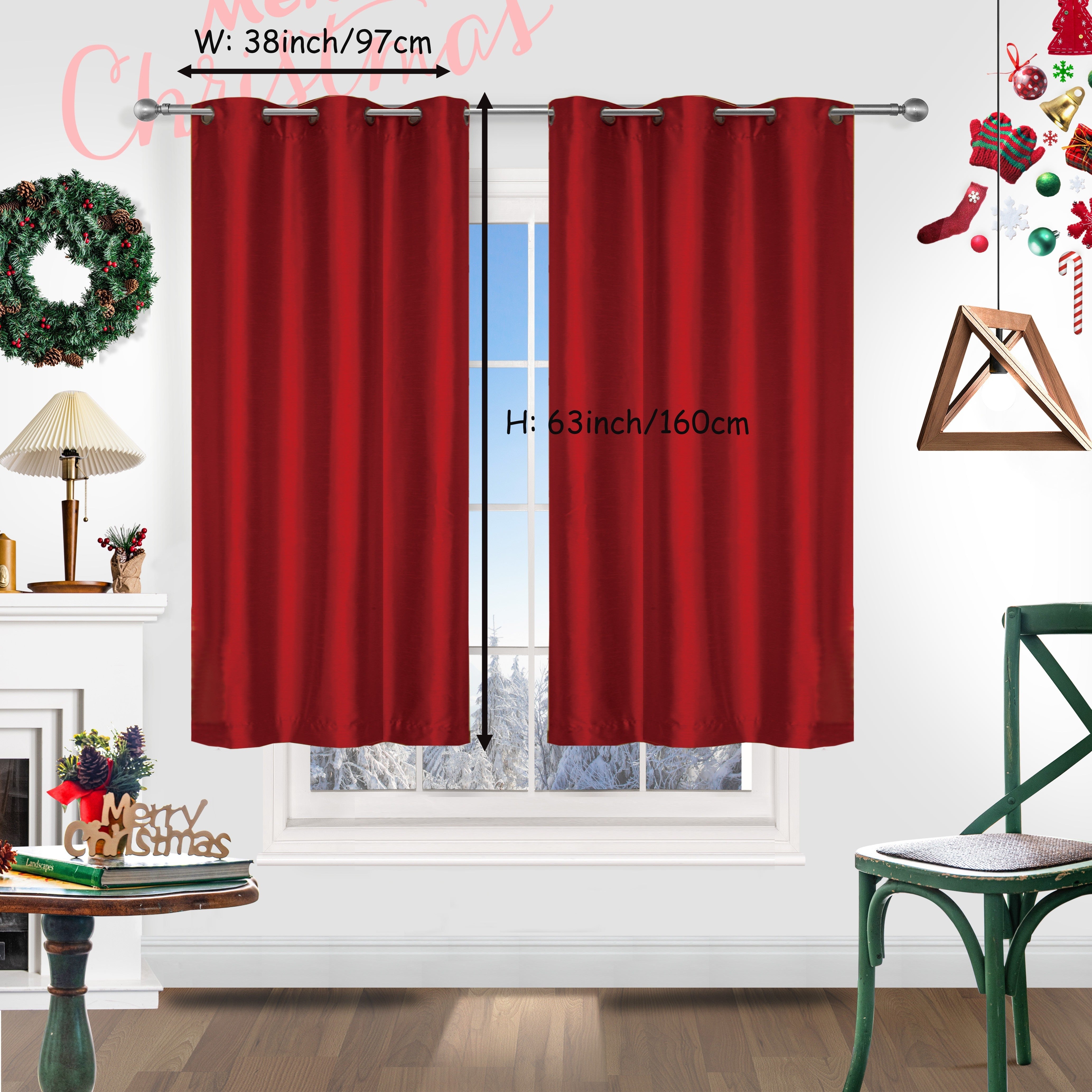 Red Christmas Curtains 2 Pieces Faux Silk Grommet Top for Living Room Bedroom Office