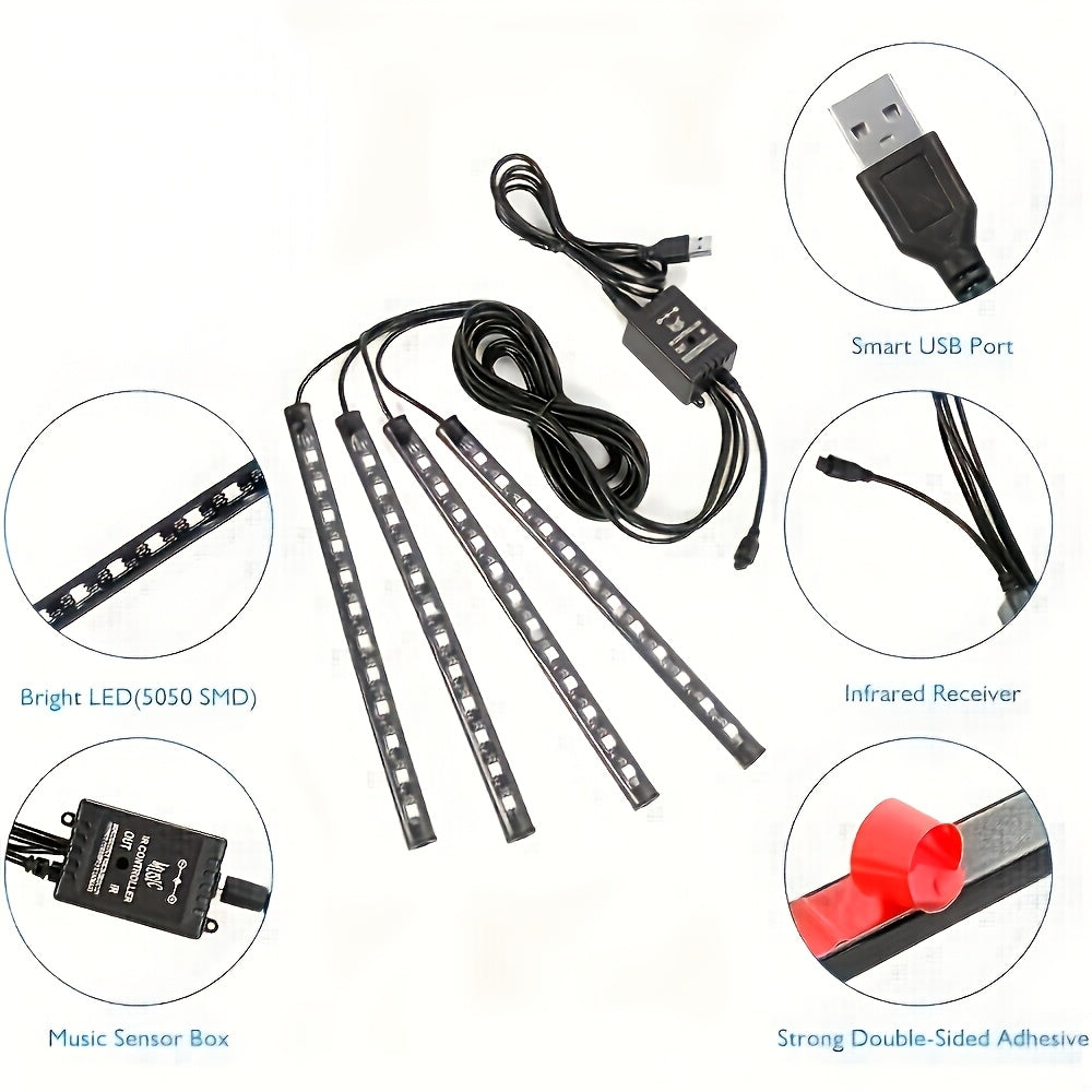RGB Neon LED Car Interior Ambient Foot Strip Light Kit with Remote Control