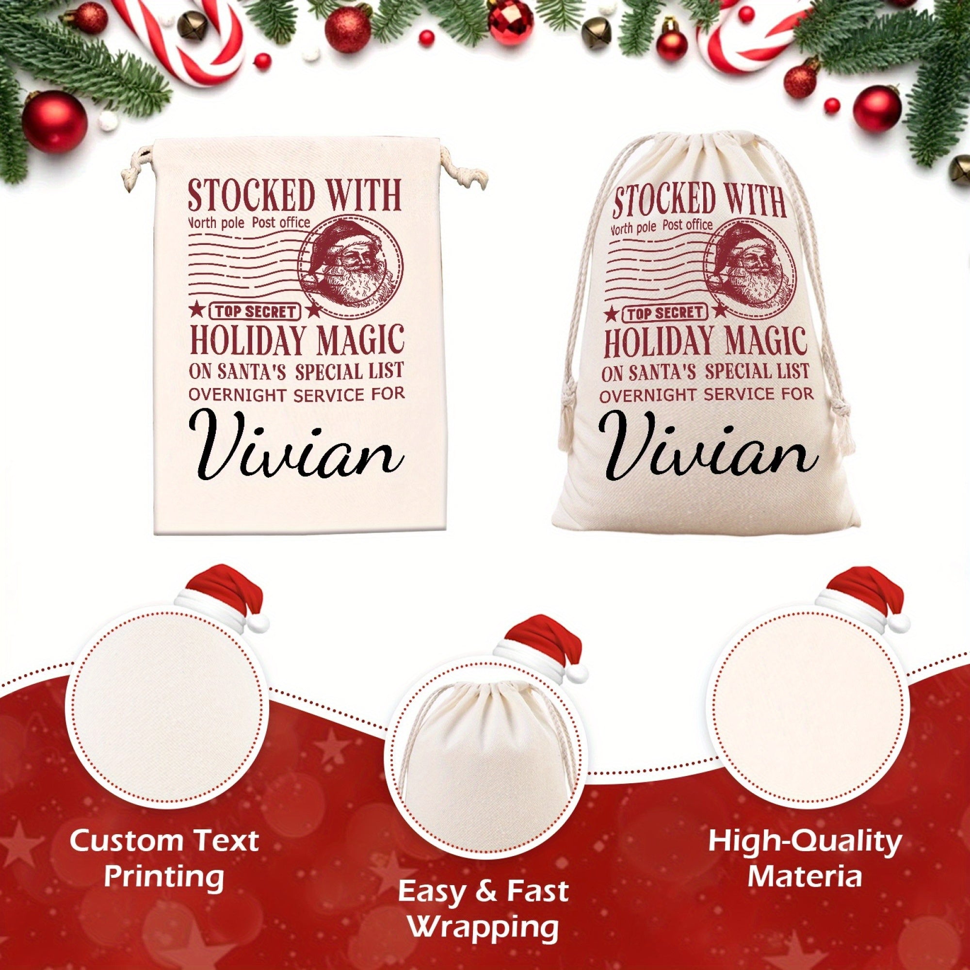 Customized Christmas Santa Sack with Name Oversized Canvas Gift Bag with Drawstring Closure