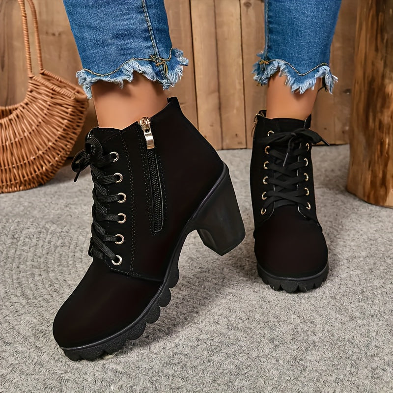 Женские ботинки на щиколотке с искусственной кожей, шнуровкой, массивным каблуком и резиновой подошвой