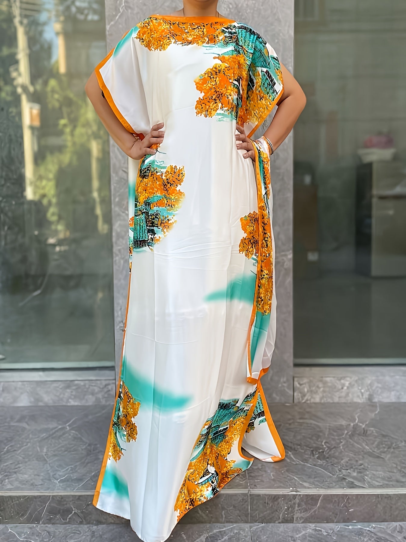 Plus Size Floral Print Longline Dress Polyester Batwing Sleeves Tassel Scarf