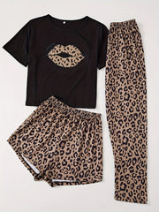 Пижама с принтом леопардовых губ для женщин, топ с коротким рукавом и шорты для сна и отдыха