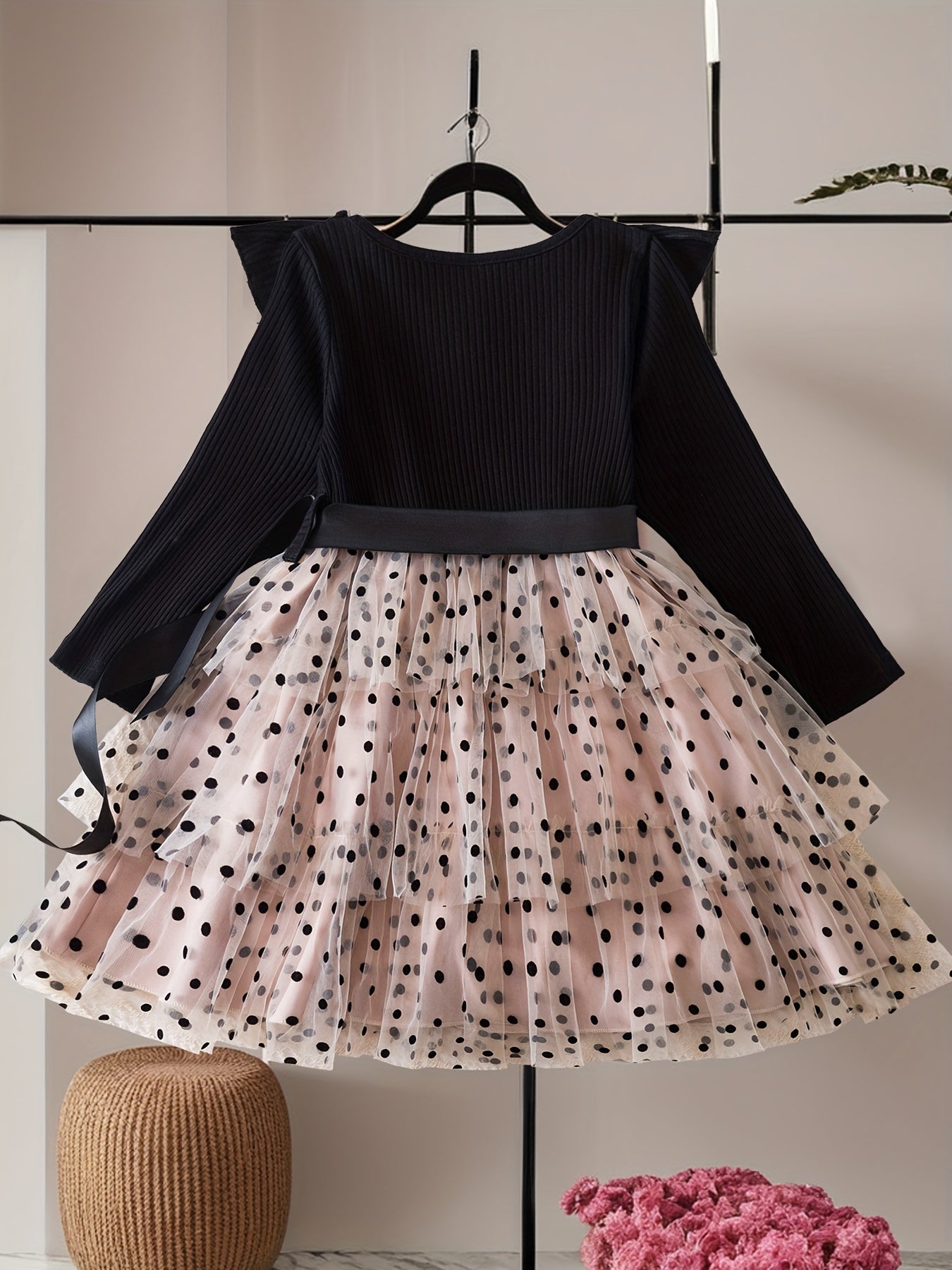 Girls Polka Dot Princess Dress with Mesh Layered Tutu for Fall Winter