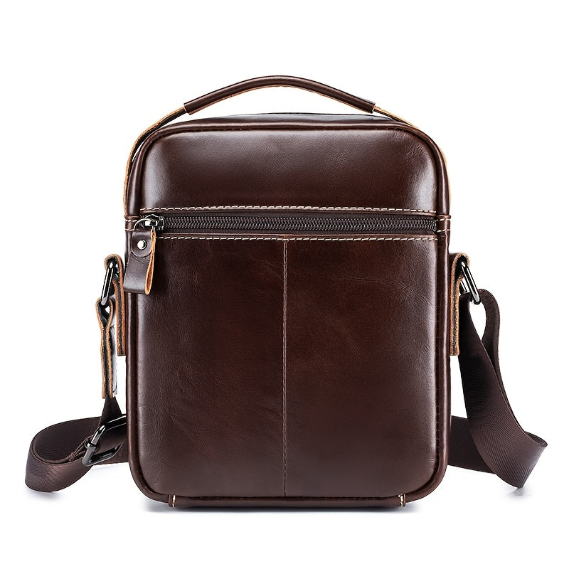 Men's Genuine Leather Crossbody Bag with Multi-Compartment Zipper Dark Brown