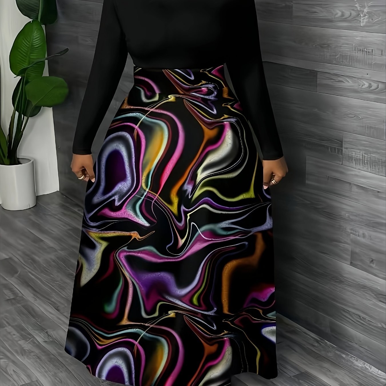 Falda larga de talla grande para mujer de cintura alta con patrón abstracto