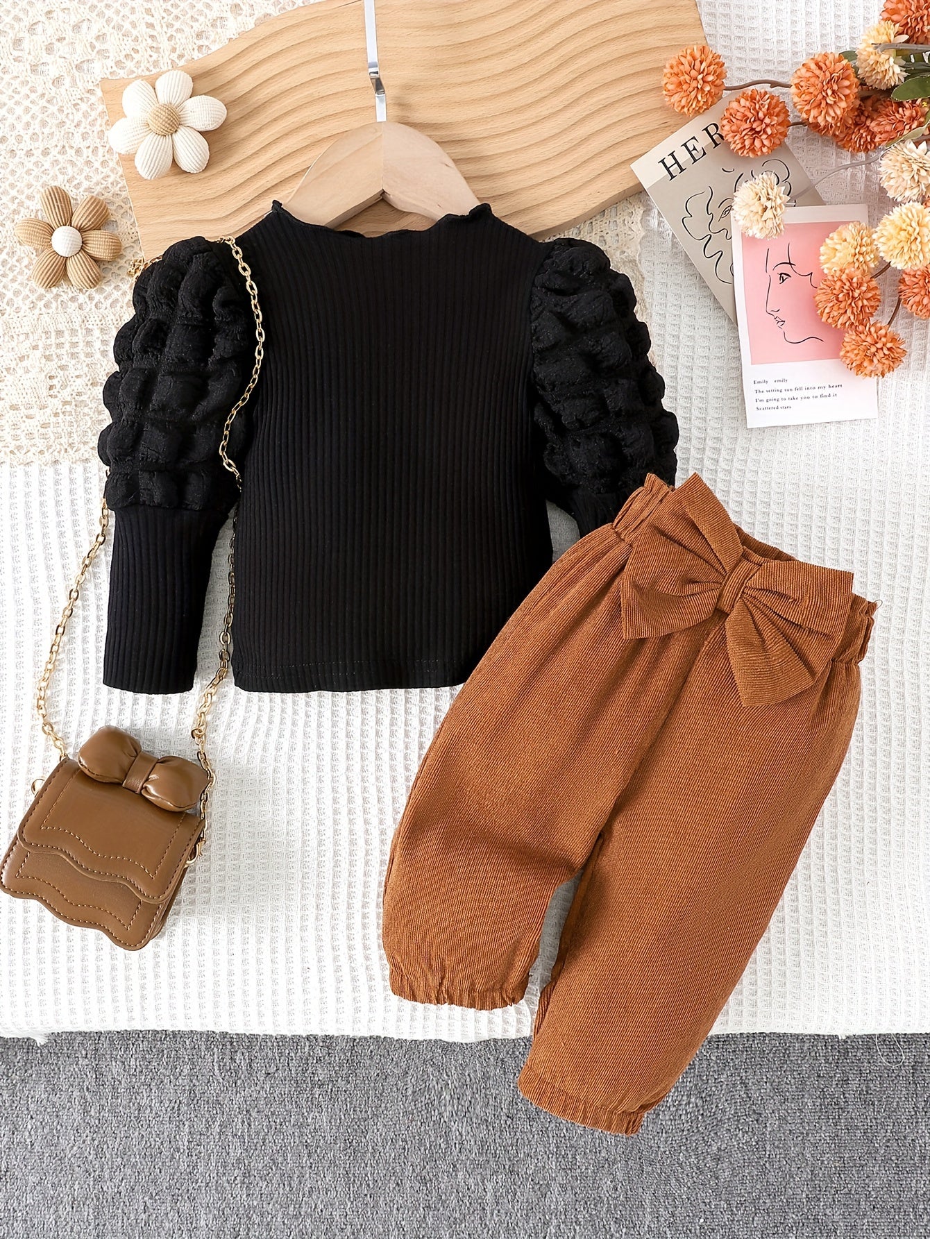 Baby Girls' Spring Fall Long Sleeve Top and Pants Set with Bow for Outdoor Wear