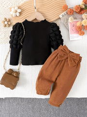 Весенний и осенний комплект для девочек-новорожденных: топ и штаны с длинными рукавами и бантом для прогулок на улице