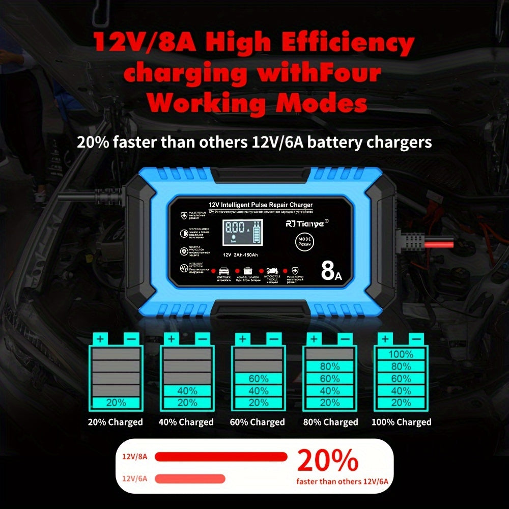 12V 8A Car Battery Charger with LCD Display Smart Fast Repair for Lead-Acid Batteries