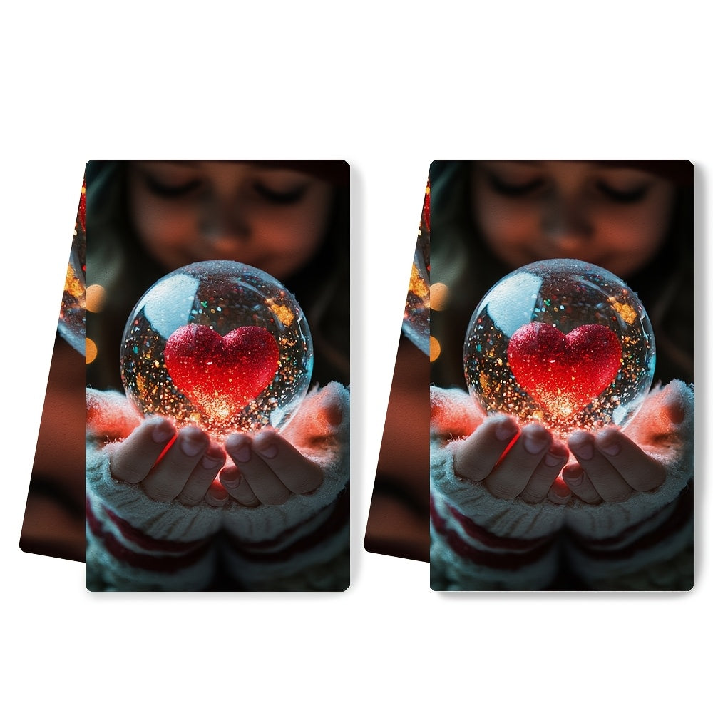 Set of 2 Ultra-Soft Kitchen Towels with Girl and Heart Snow Globe Design