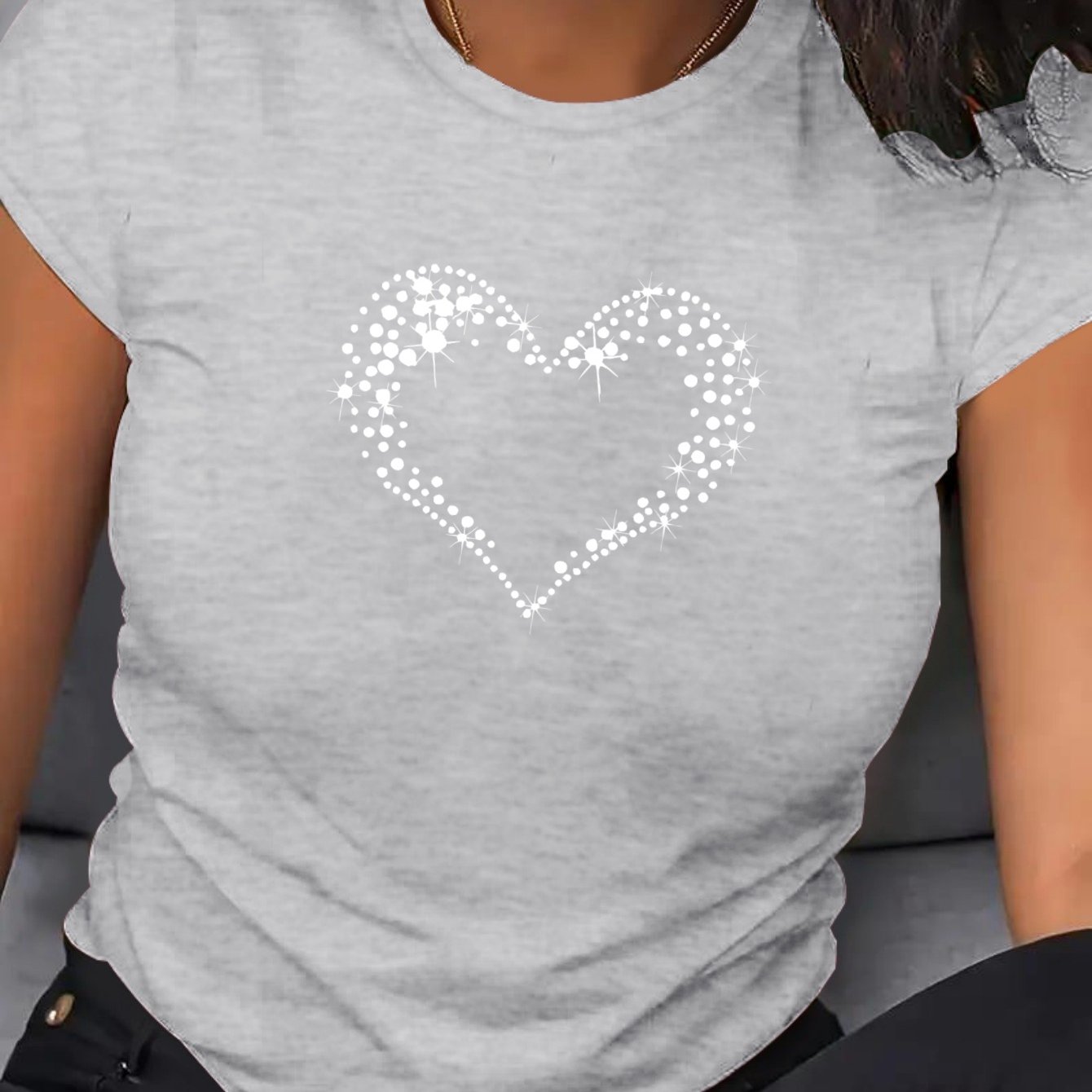 Women's Large Fit Heart Print T-Shirt - Soft Breathable Polyester Casual Short Sleeve
