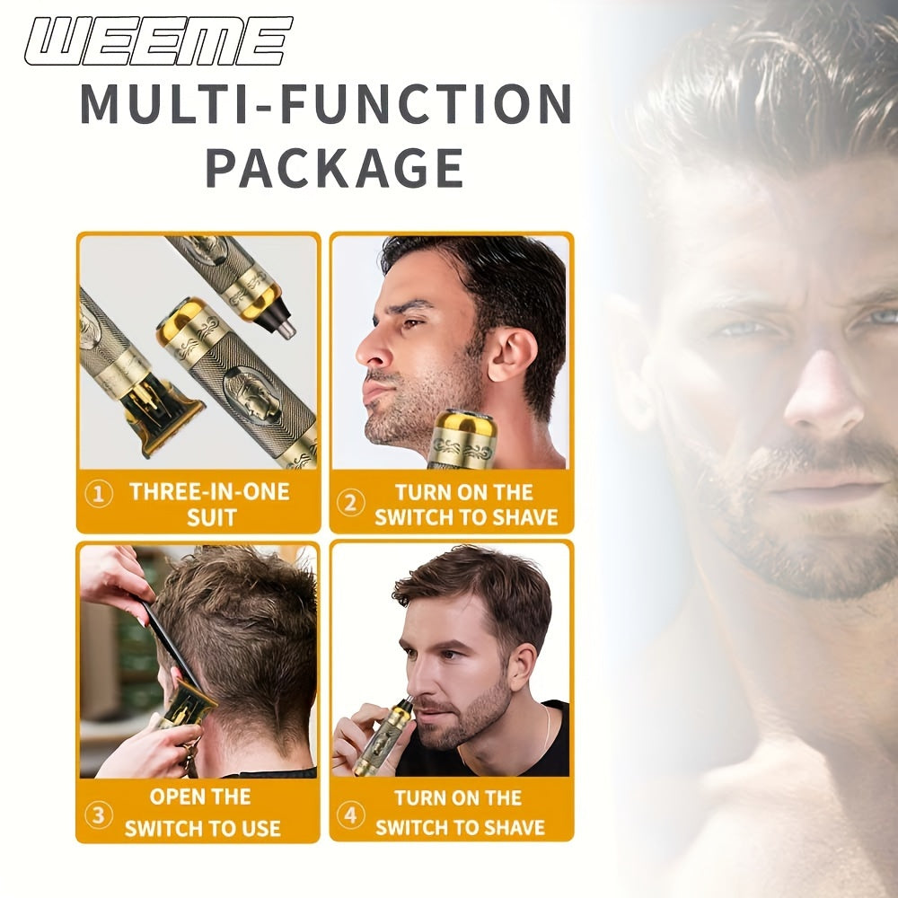 Set de cuidado capilar 3 en 1, cortapelos eléctrico, recortador de orejas y nariz, recargable por USB, afeitadora de barba