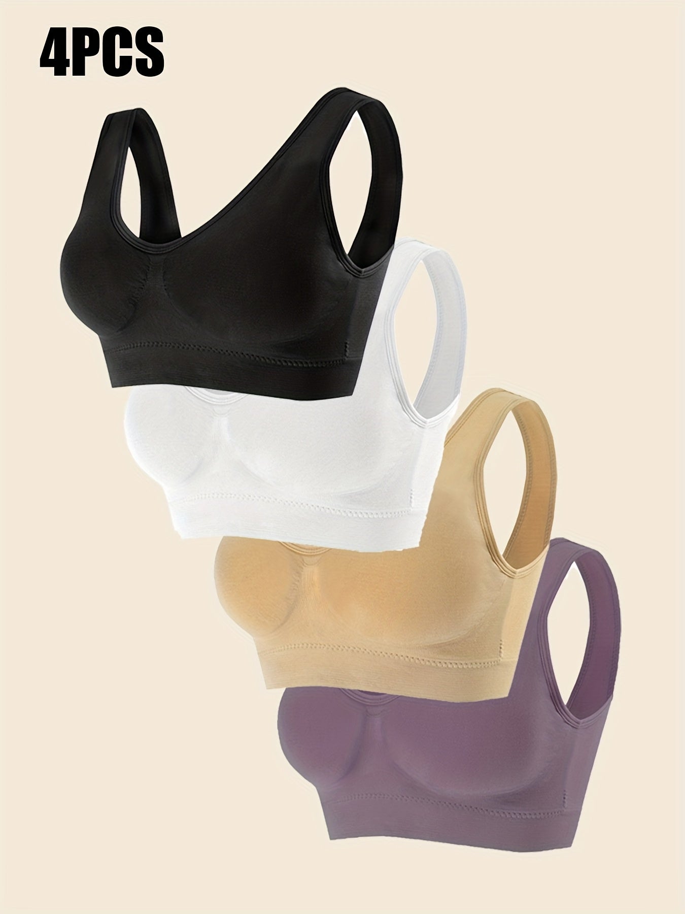 Plus-Size Wireless Sports Bra Seamless Push-Up Yoga Running Compression Black Purple Beige White