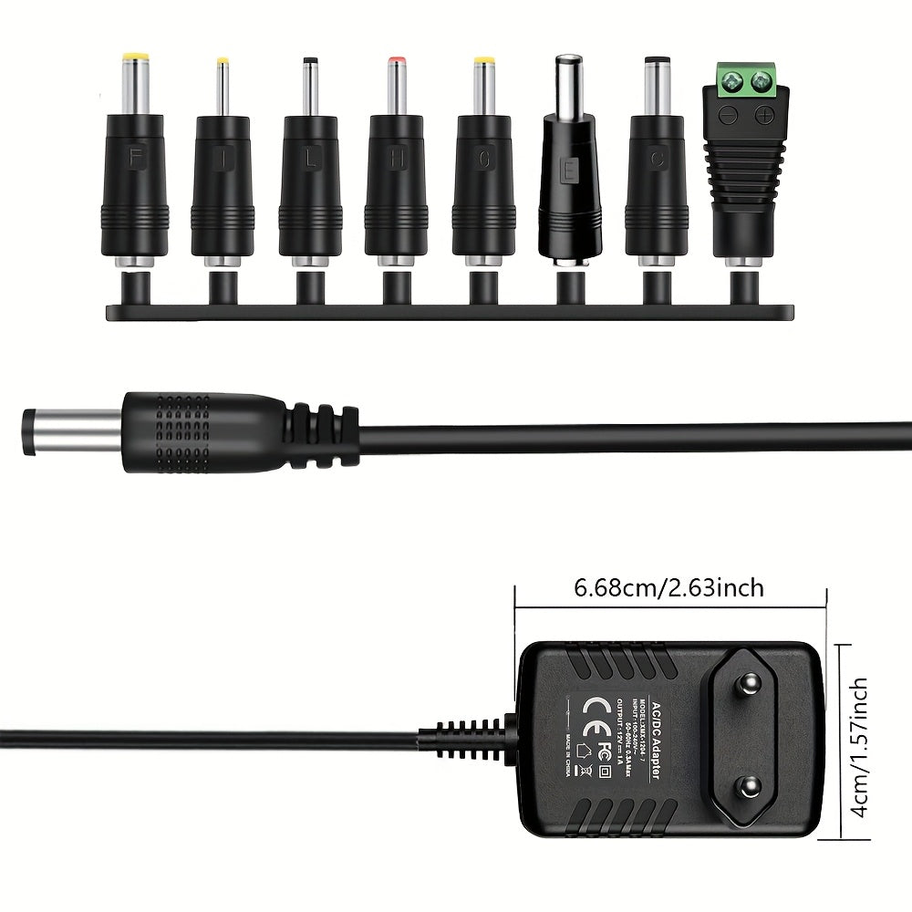 Adaptador de corriente universal de 12V 1A con 8 conectores DC para luces LED, cámaras, enrutadores y altavoces