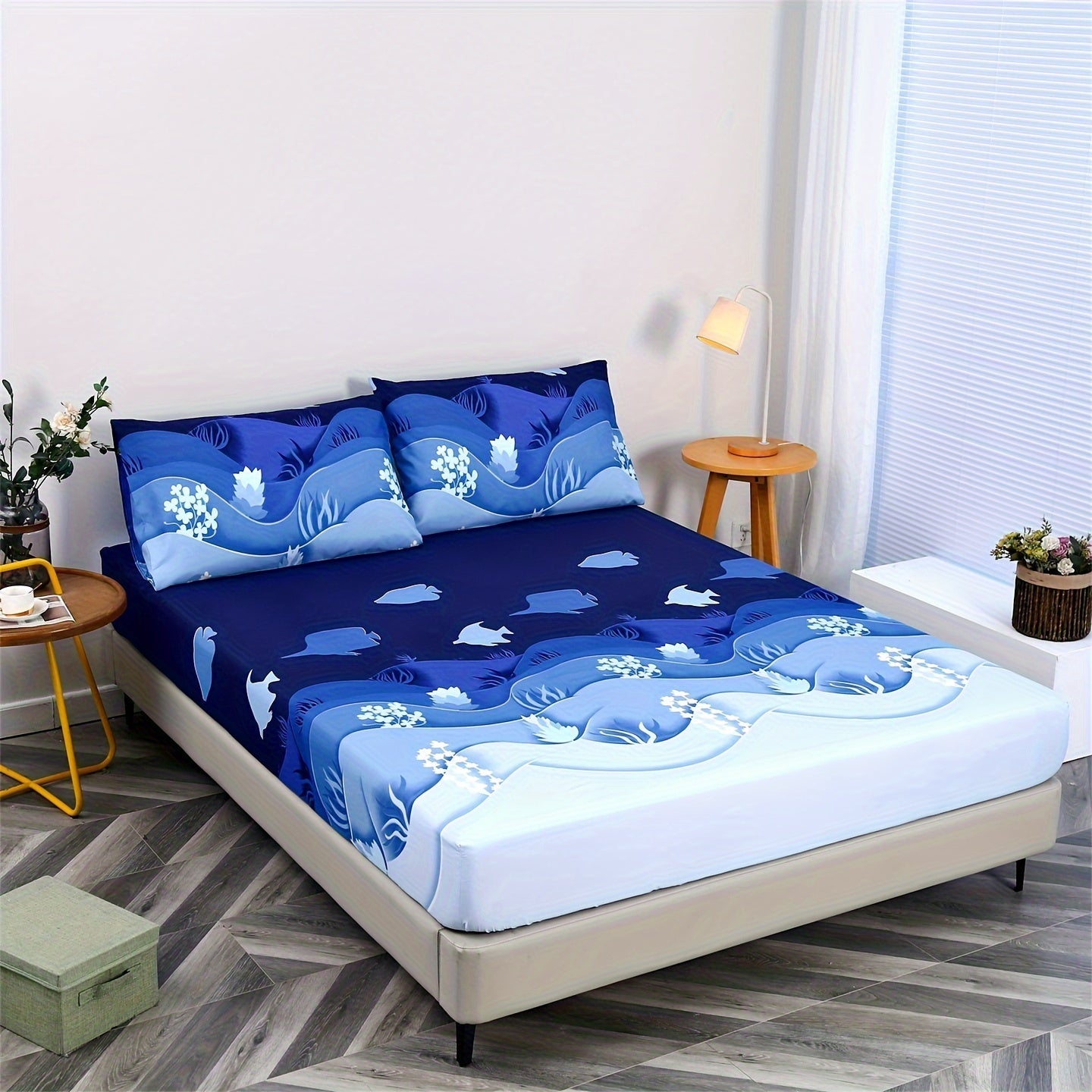 Conjunto de ropa de cama con estrella geométrica y gráfico de líneas, 3 piezas, sábana ajustable y fundas de almohada