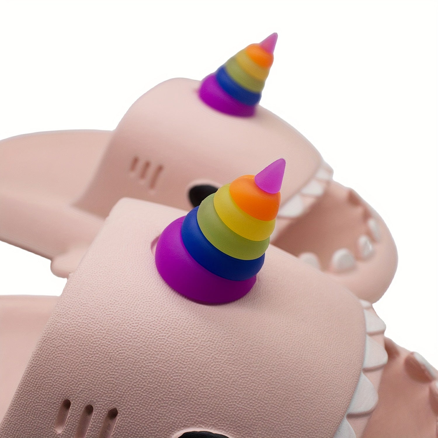 Glow-in-the-Dark Shark Slippers for Adults with Neon Rainbow Tail and Horn