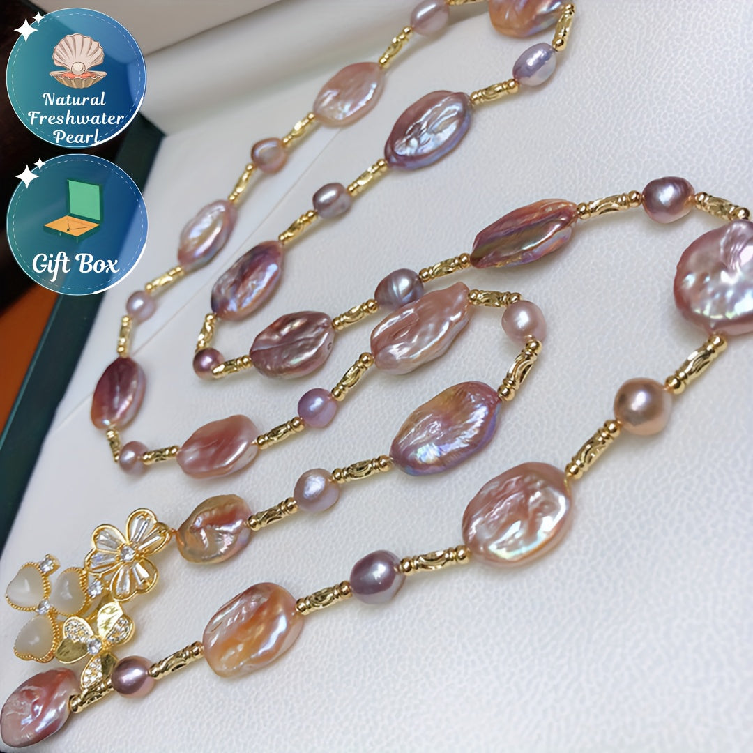 Butterfly Clasp Necklace with Freshwater Pearls and Sweater Chain Vintage Style for Women