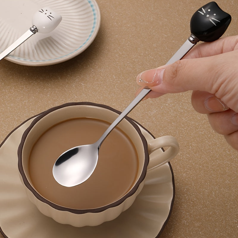 Stainless Steel Coffee Stirrers with Ceramic Cat Spoons