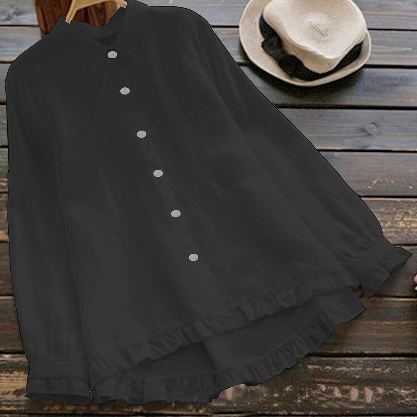 Loose-Fitting Cotton Shirt for Adults with Solid Color, Front Buttons, and Lace Trim