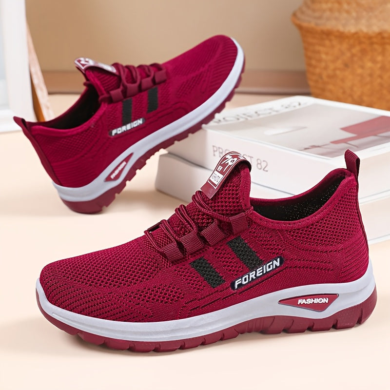 Women's Breathable Knitted Sports Shoes Black Red Stripes All Seasons