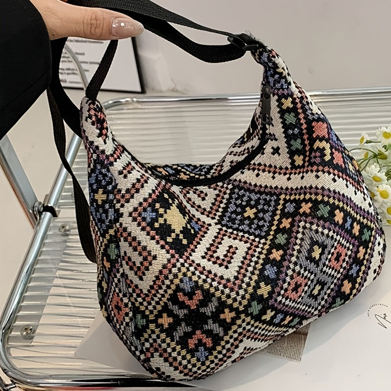 Eboniy naylonli crossbody sumka, etnik naqshli zippersi yopilishi bilan, polyester ichki qismi