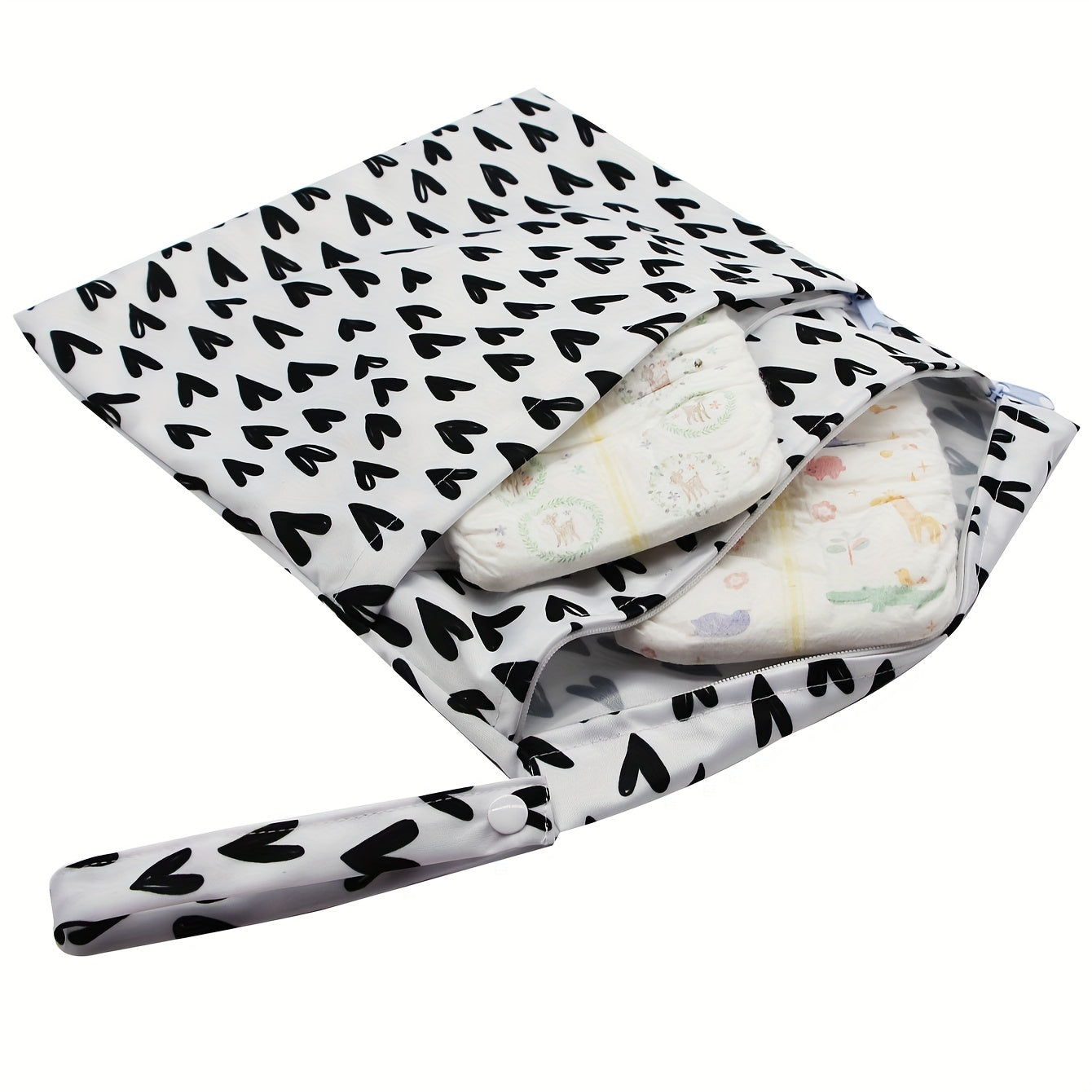 Black Hearts Waterproof Diaper Bag with 2 Zippered Pockets and Handle