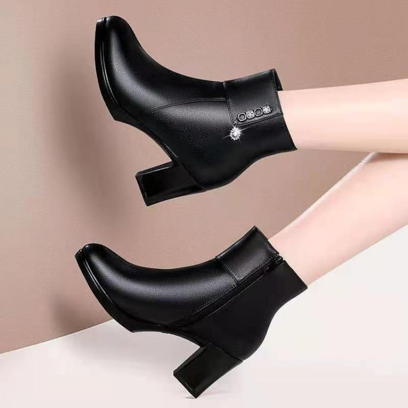 Women's Black Faux Leather Ankle Boots with Chunky Heel and Zipper