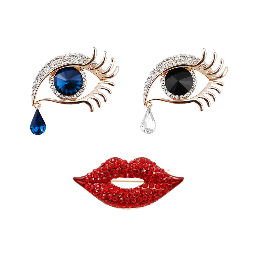 Set of 3 Abstract Blue Tears Eyes and Red Lips Brooches for Women Accessories