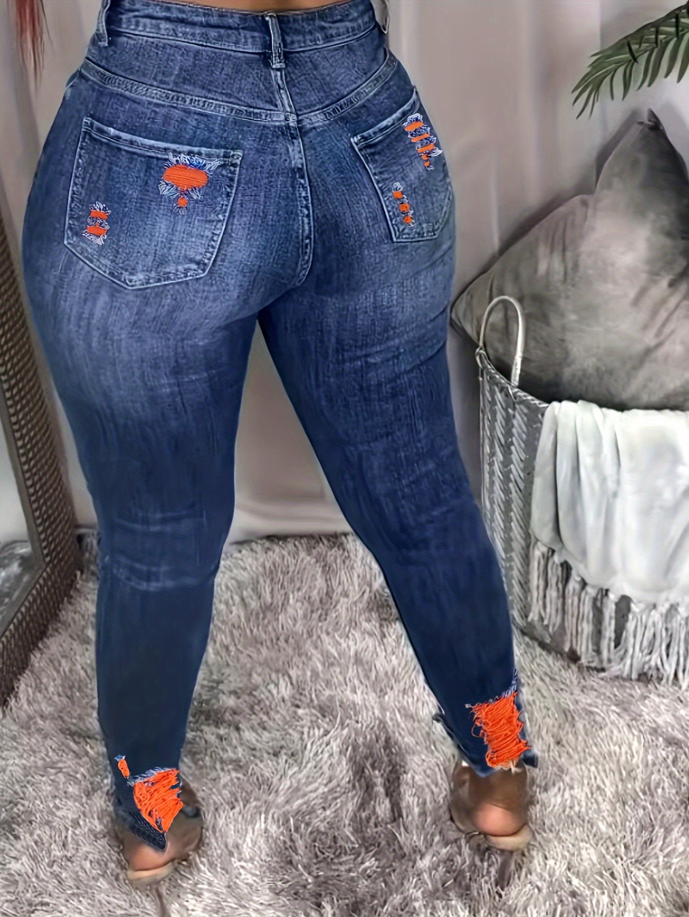 Women High Stretch Casual Jeans Large Size Colorful Ripped Holes