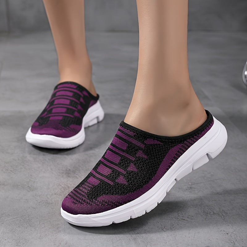 Women's Breathable Slip-On Sneakers Geometric Pattern Purple Black Casual Shoes Round Toe Spring Summer