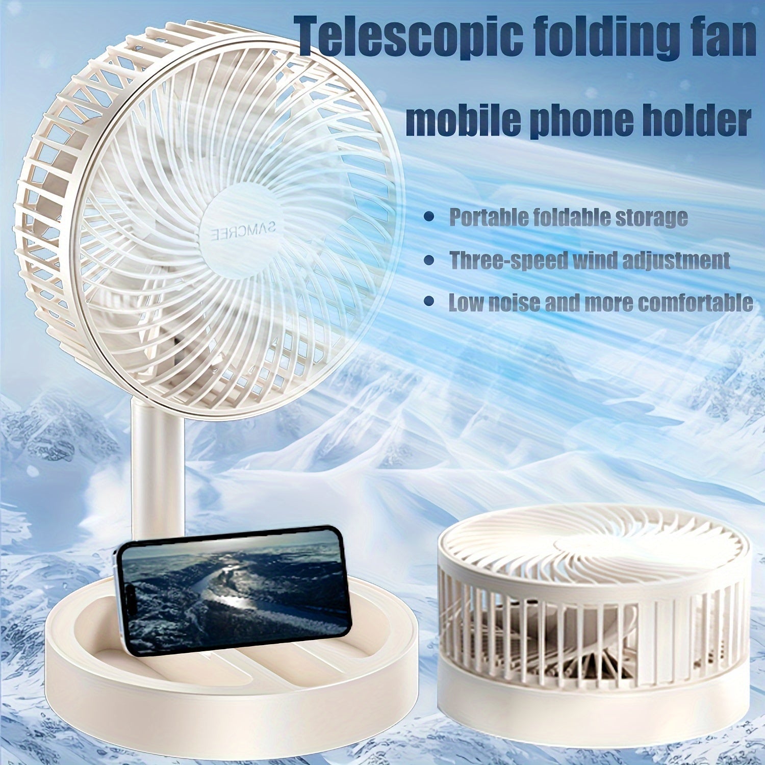 Ventilador telescópico plegable con soporte para teléfono, ventilador de mesa portátil, silencioso, flujo de aire de 360°, alimentado por USB