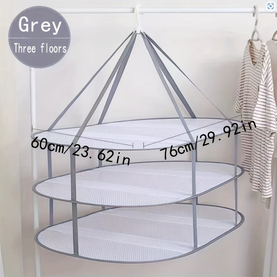 Grey Three-Story Clothes Dryer with Mesh Netting for Large Items and Wind Protection
