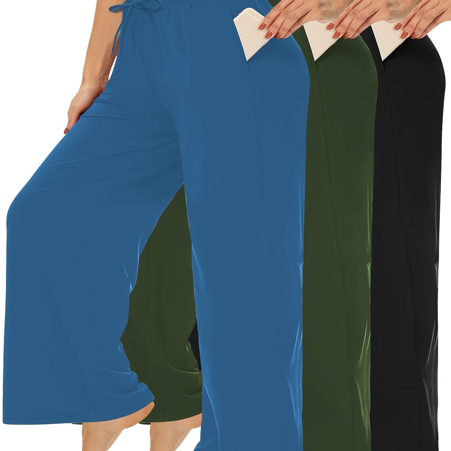 Plus Size Wide Leg Pants Elastic Waistband Drawstring Pockets Cropped Casual