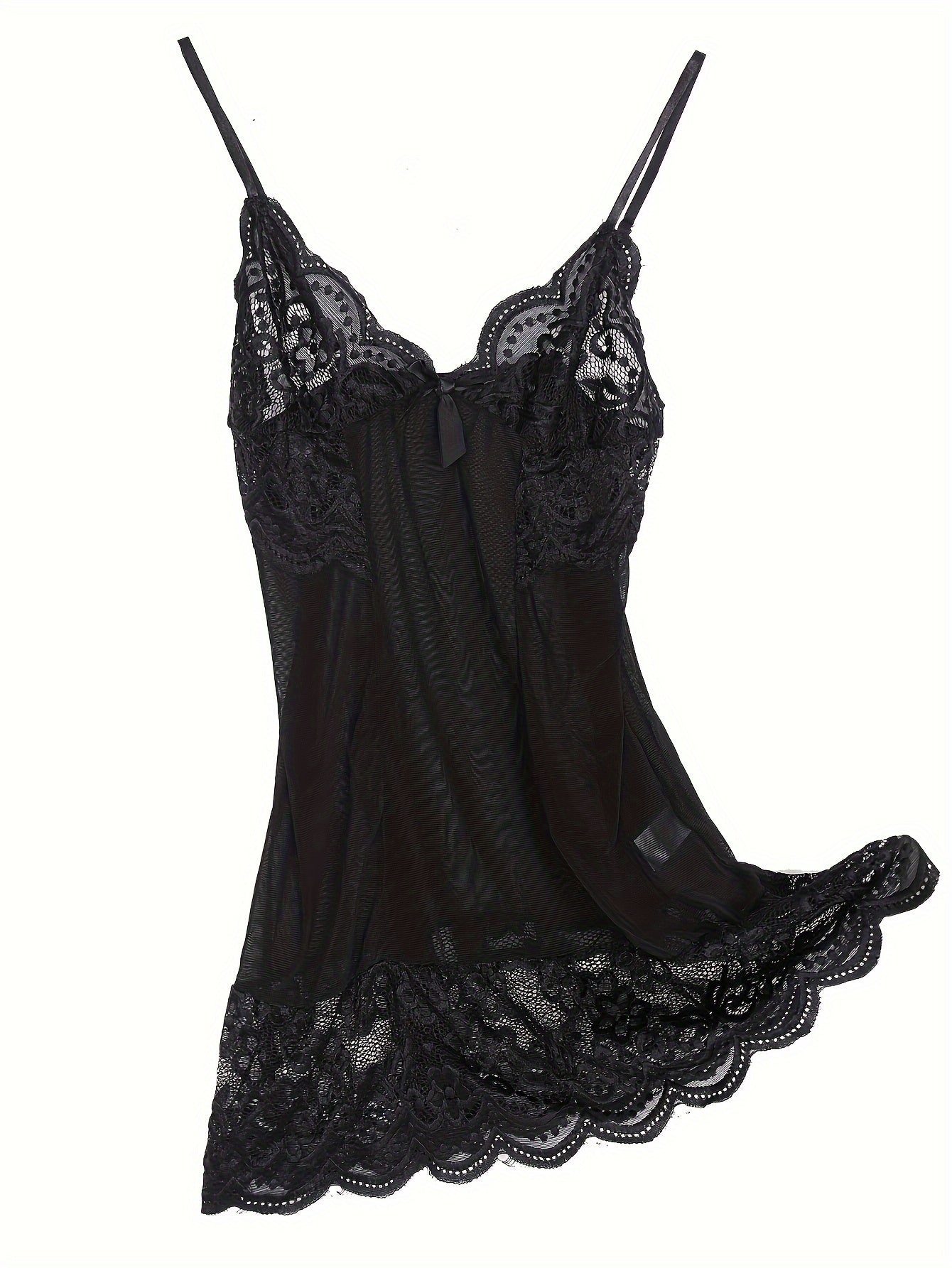 Women's Black Lace Lingerie Set with Sheer Slip Dress and Thong