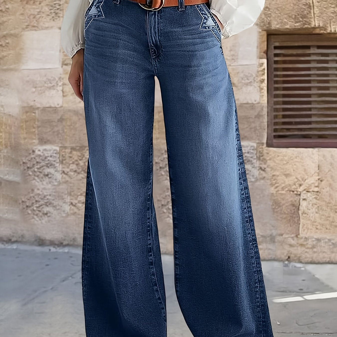 Women's Light Blue High-Waisted Wide Leg Denim Jeans Casual Comfort