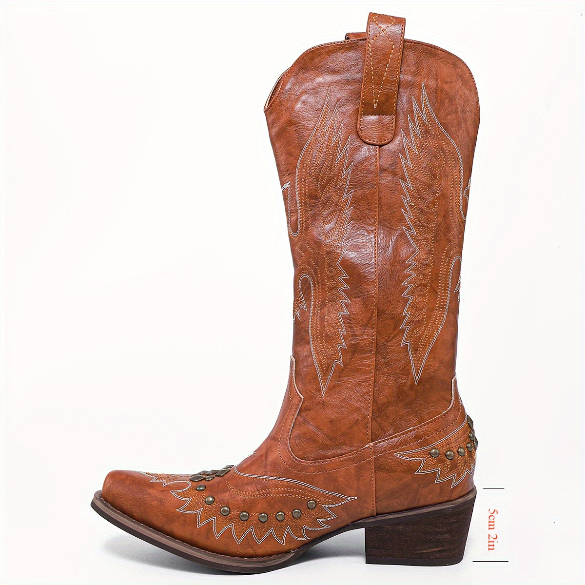 Women's Studded Western Cowboy Boots Pull-On Chunky Heel Mid Calf
