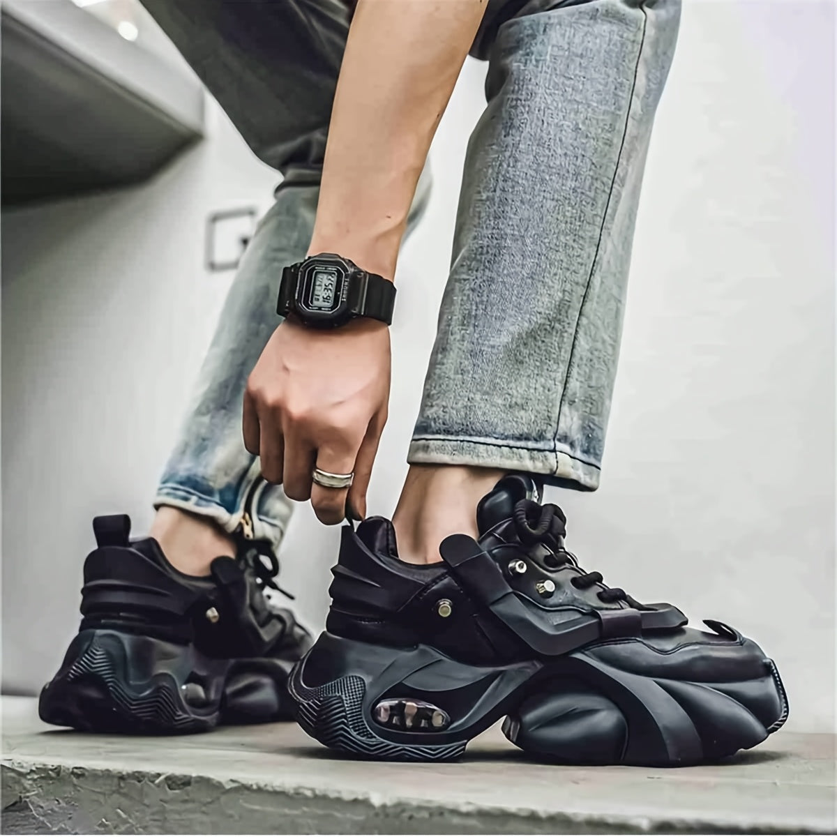 Men's Black Chunky Sneakers with Braided Laces Rubber Sole EVA Insole Casual Athletic