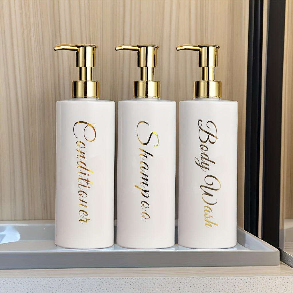 3-Piece 500ml White Plastic Bathroom Dispenser Set with Gold Labels for Shampoo Conditioner Body Wash