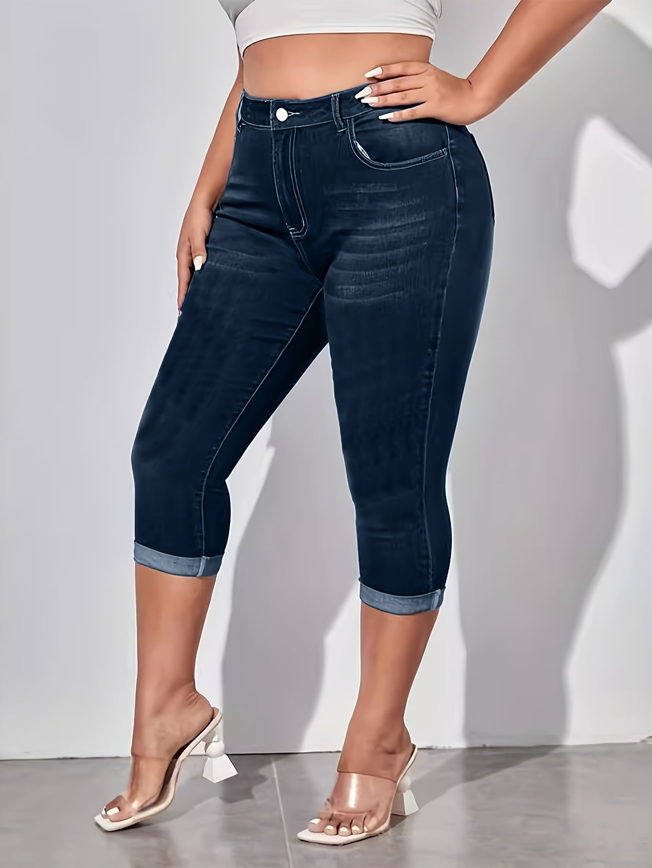 Jeans de mezclilla azul elásticos de talla grande para mujer, de tiro alto y ajuste delgado