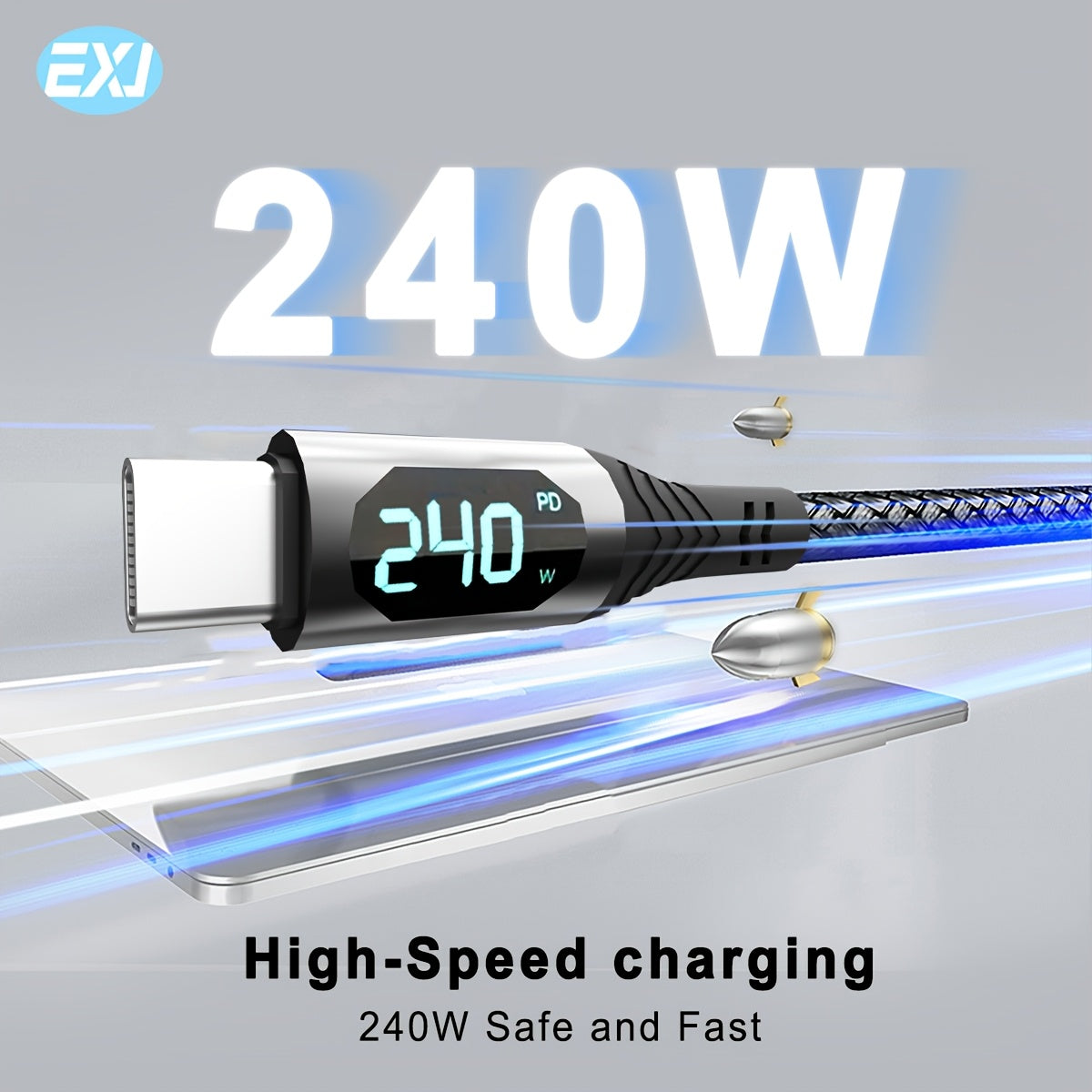 240W Type-C to C Fast Charging Cable with Digital Display Nylon Braid Compatible with iPhone Samsung Xiaomi Google Tablets and Phones