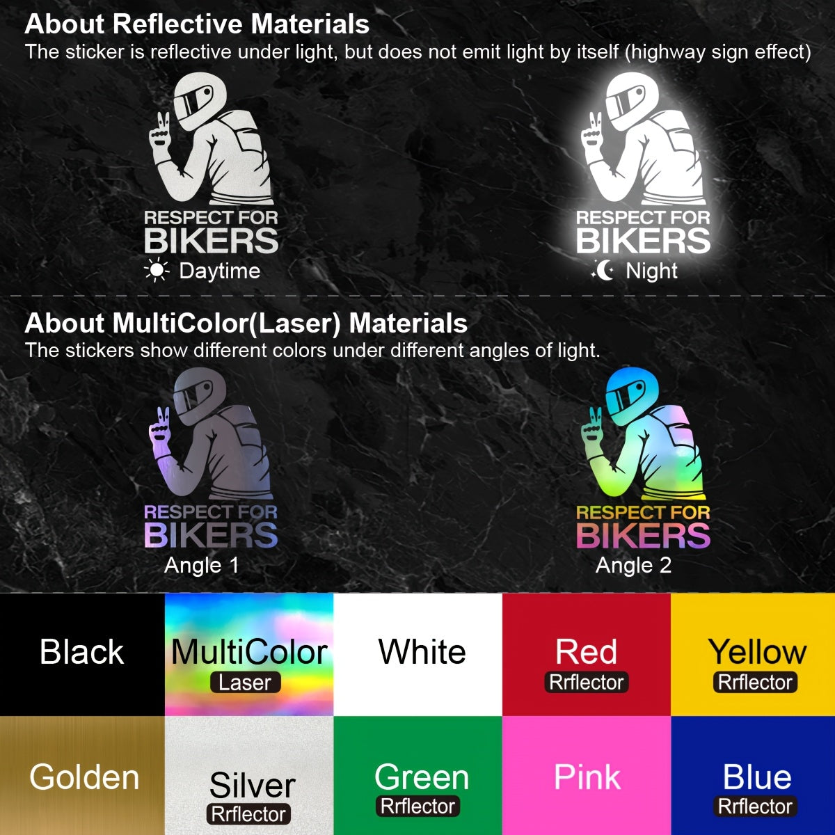Mototsikl haydovchisi uchun reflektiv vinil yozuvlar, oynalar, bumpers va motorlar uchun