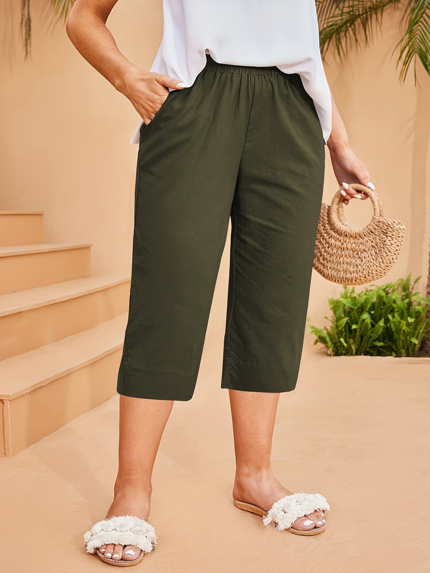 Women's Wide Leg Pants Spring Summer Breathable Linen-Feel Fabric Solid Color Elastic Waist Pockets