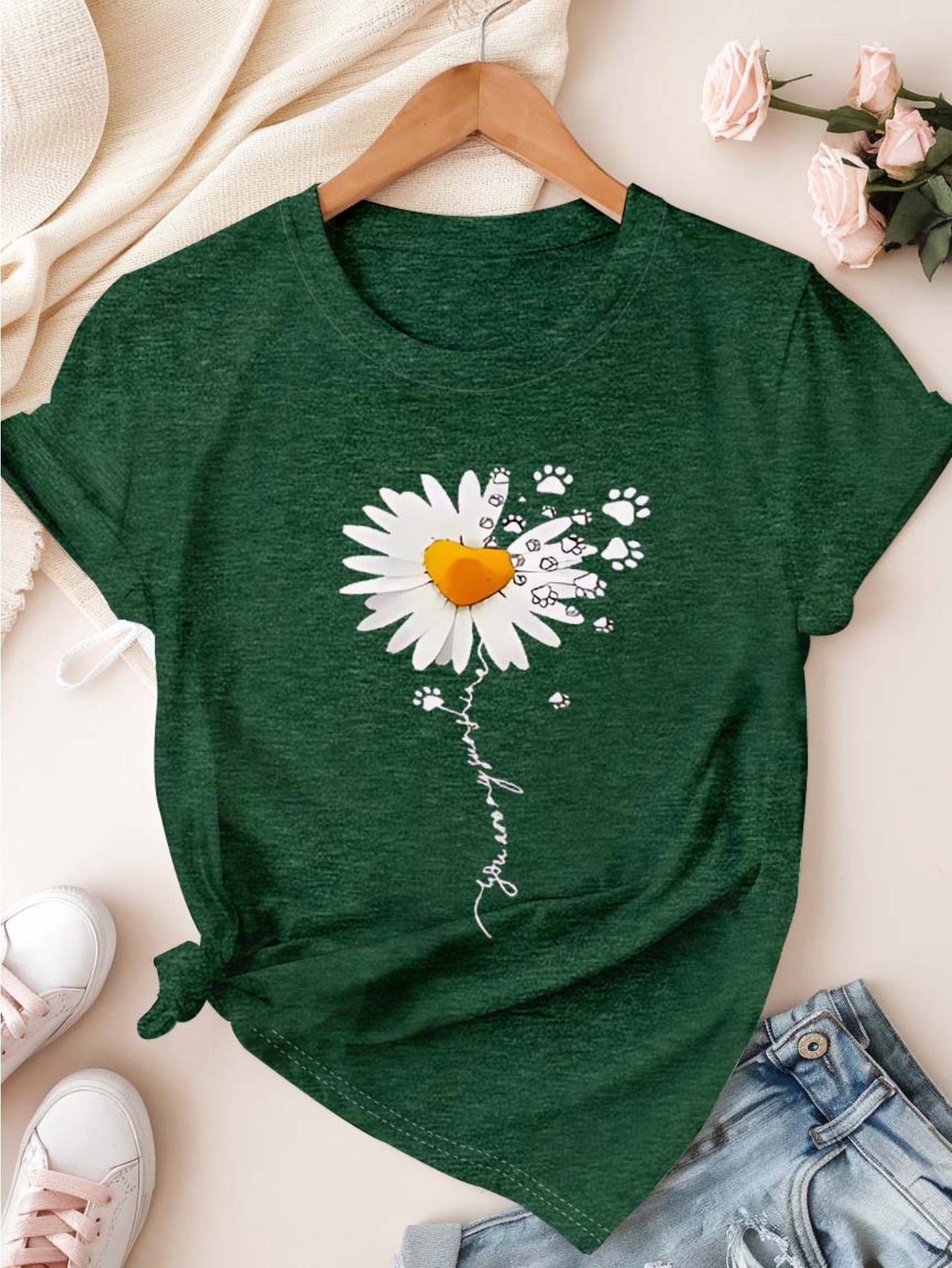 Plus Size Women's Floral Cotton T-Shirt Casual Daisy Print Short Sleeve